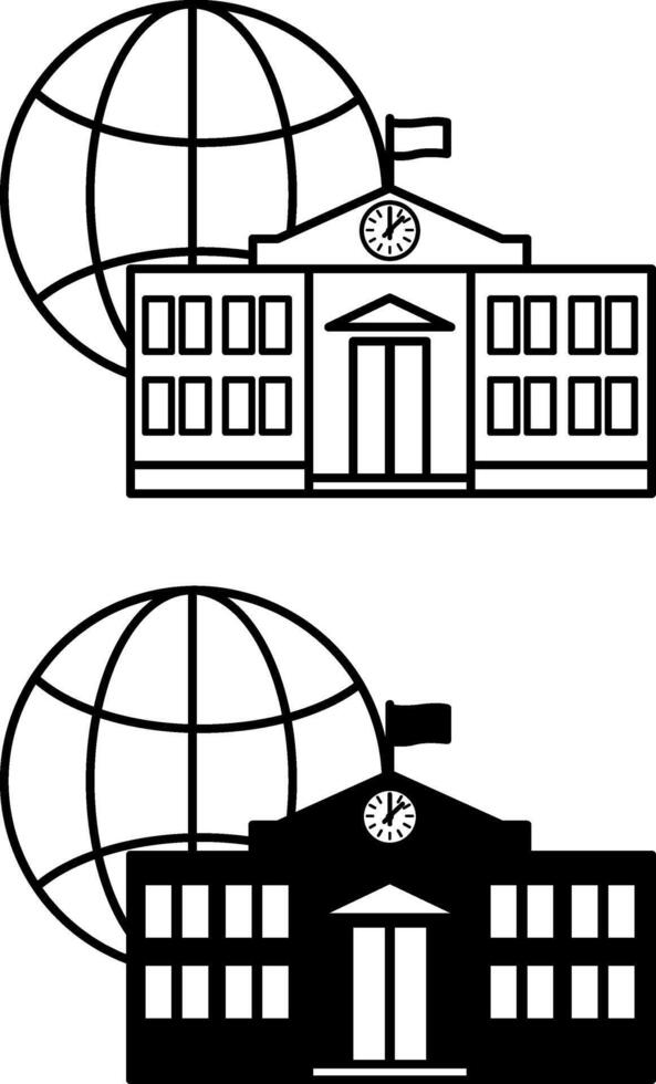 Online School Icons. Black and White Icons. School Building and World Wide Web. Online Education Concept vector