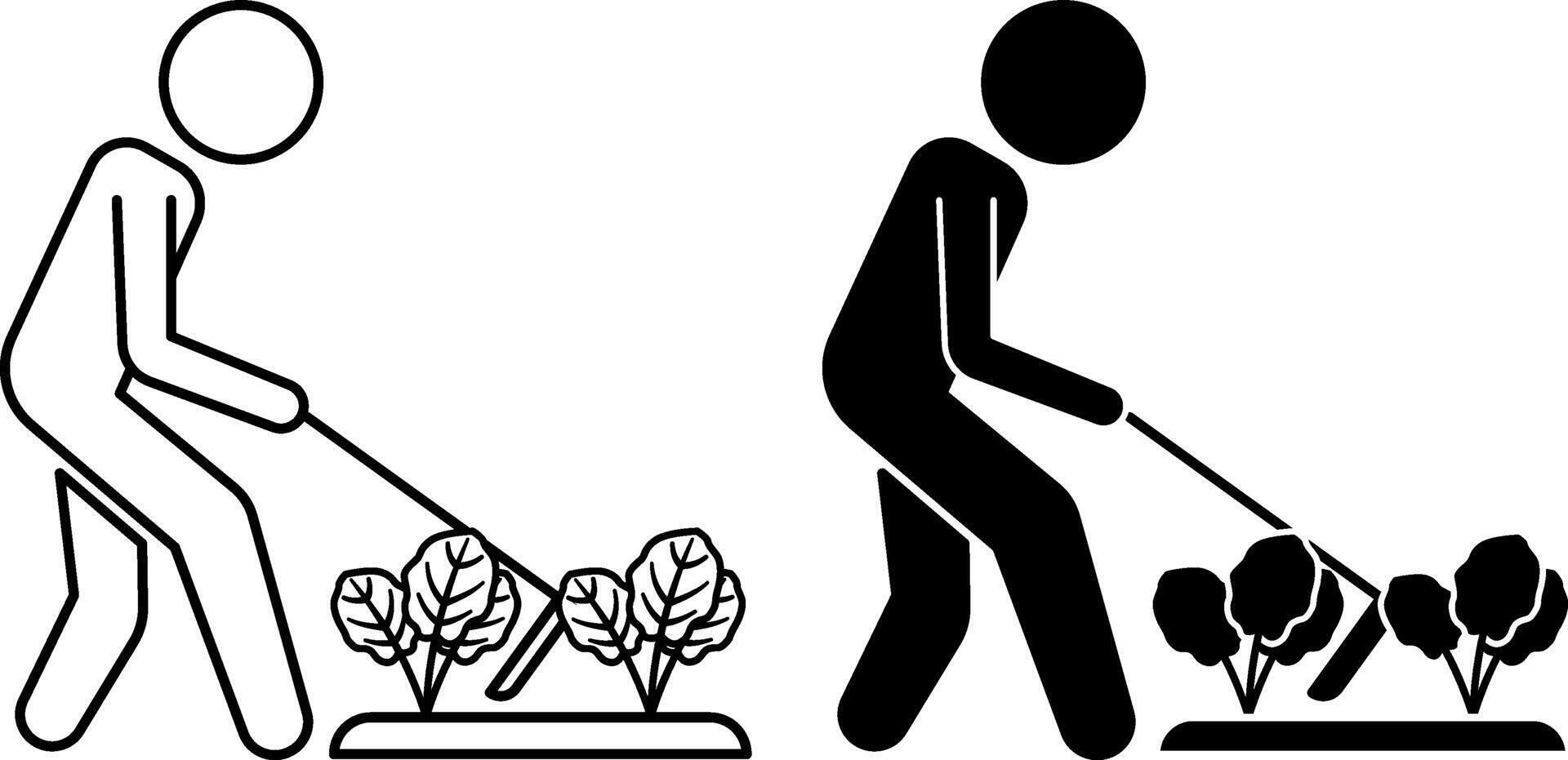 Icons Cultivate. Black and White Icons. Man with a Hoe Cultivates a Vegetable Garden. Organic Farming Concept vector