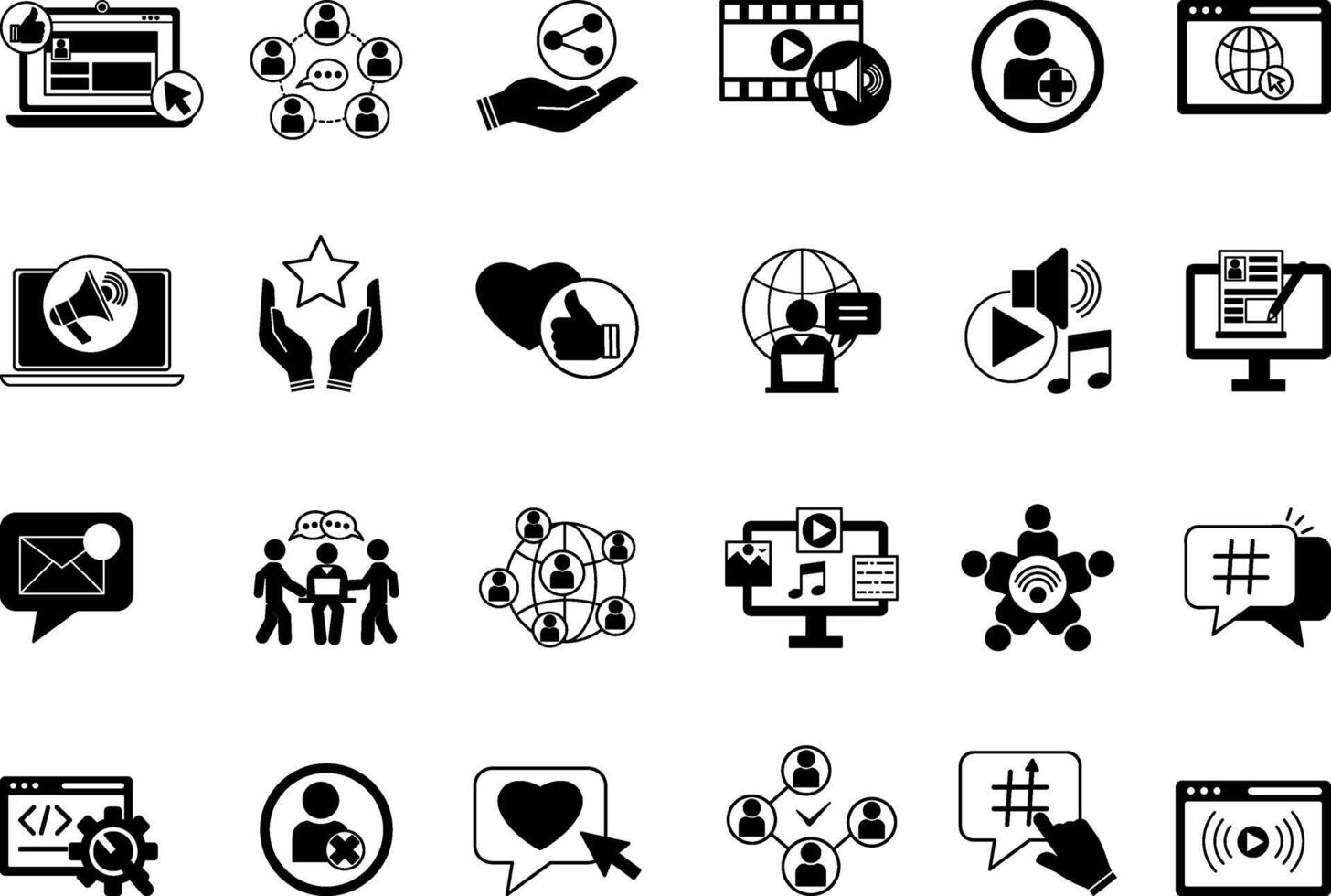 Black Set of Social Media Icons. Icons Social Networks, Add Friend, Like, New Message, Blog Music, Marketing, Hashtag, App, Trend, Communication and Other vector