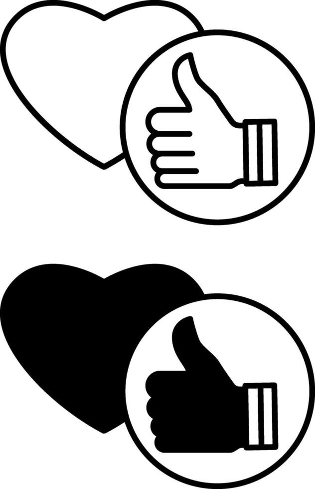 Like icons. Black and White Icons of Thumb Up and Heart. Approval, Favorite. Social Media Concept vector