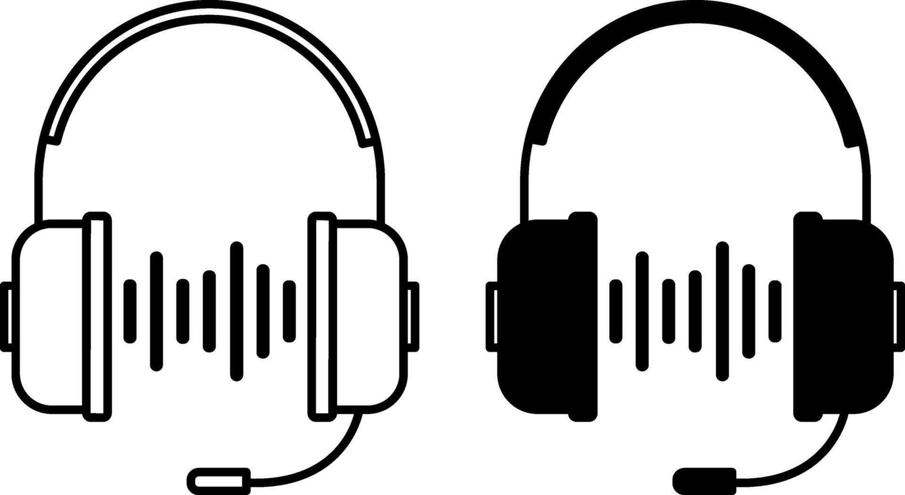 Headphones icons. Black and White Icons. Headphones with Microphone and Sound Waves. Headset for Listening to Music, Communication, and Computer Games vector