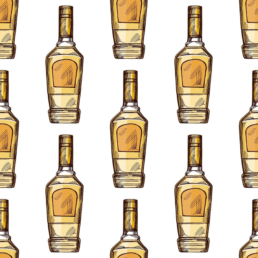 Hand-drawn colored seamless pattern of tequila bottle. Design element for the menu of bars and restaurants, alcohol stores. sketch illustration in engraving style. Mexican, Latin America. vector