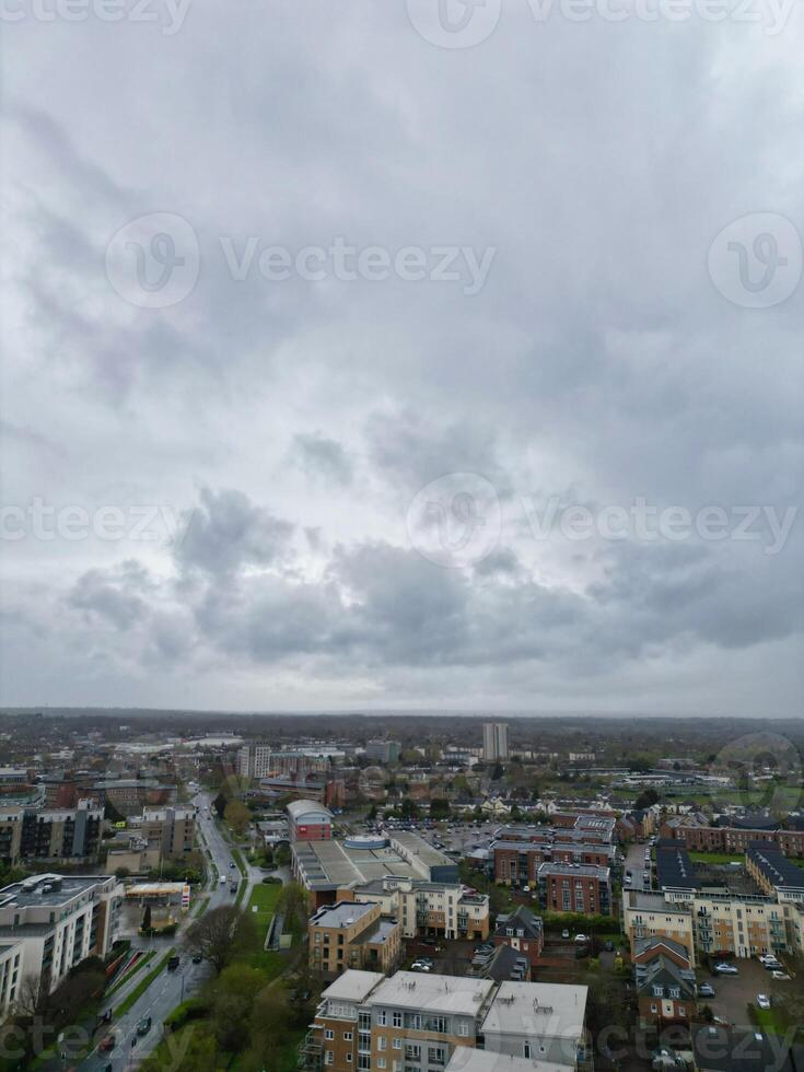 Aerial View of Central City Centre Elstree Uxbridge London City of England, Great Britain. It Was Rainy and Cloudy Day with Strong Winds over England, Drone's Camera view Captured on April 4th, 2024 photo