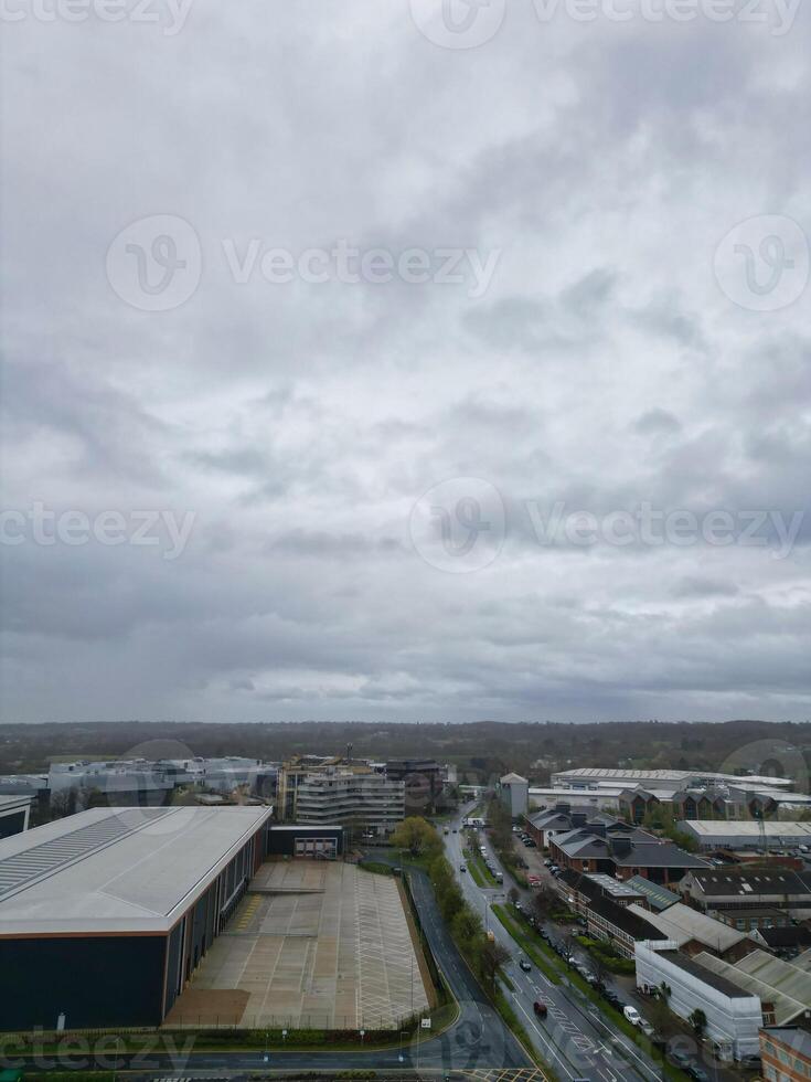 Aerial View of Central City Centre Elstree Uxbridge London City of England, Great Britain. It Was Rainy and Cloudy Day with Strong Winds over England, Drone's Camera view Captured on April 4th, 2024 photo
