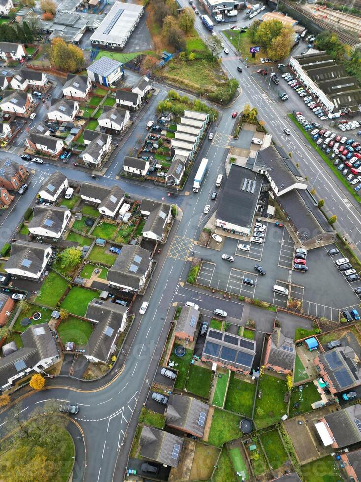 Aerial View of Manchester City During Autumn Season and Cloudy Day over England Great Britain. High Angle Drone's Camera Footage was Captured on October 29th, 2024 photo