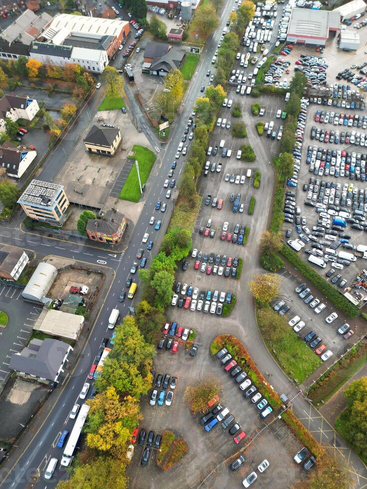 Aerial View of Manchester City During Autumn Season and Cloudy Day over England Great Britain. High Angle Drone's Camera Footage was Captured on October 29th, 2024 photo