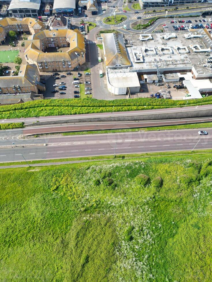 High Angle View of Most Beautiful and Attractive British Tourist Attraction of Brighton seaside resort and Beach City of East Sussex, England GB. Footage Captured with Drone's Camera on May 9th, 2024 photo