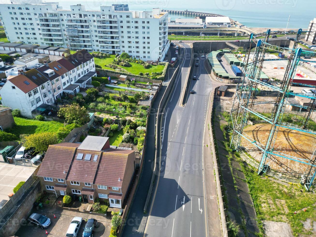 High Angle View of Most Beautiful and Attractive British Tourist Attraction of Brighton seaside resort and Beach City of East Sussex, England GB. Footage Captured with Drone's Camera on May 9th, 2024 photo