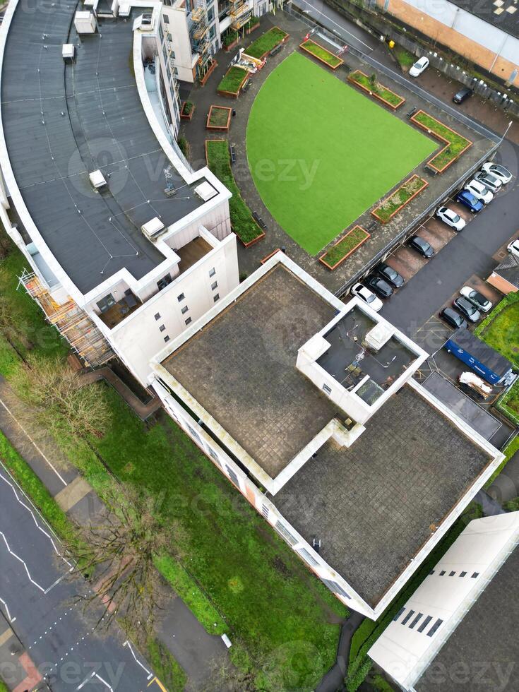 Aerial View of Central City Centre Elstree Uxbridge London City of England, Great Britain. It Was Rainy and Cloudy Day with Strong Winds over England, Drone's Camera view Captured on April 4th, 2024 photo