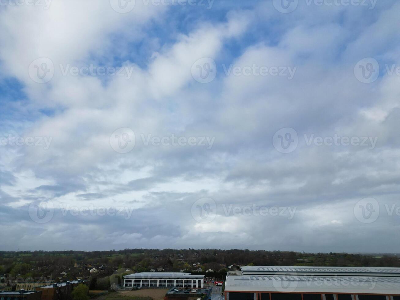 Aerial View of Central City Centre Elstree Uxbridge London City of England, Great Britain. It Was Rainy and Cloudy Day with Strong Winds over England, Drone's Camera view Captured on April 4th, 2024 photo