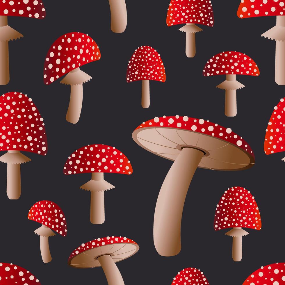 Spotted poisonous fly agarics with red caps on a black background form a seamless pattern. vector