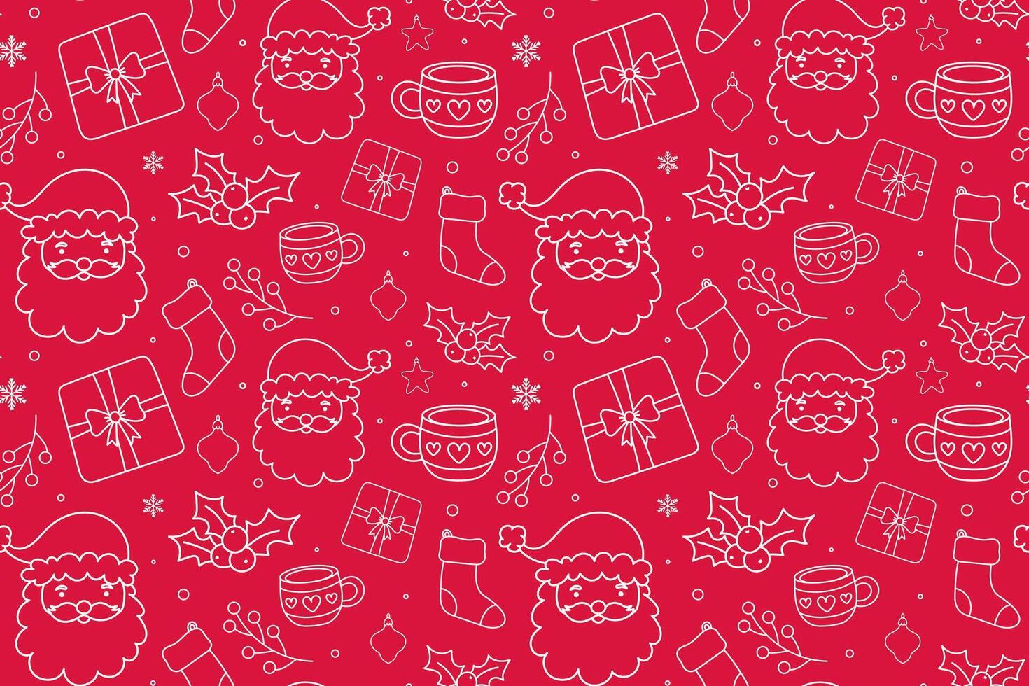 Christmas white outline ornaments seamless pattern on red background. Christmas wrapping paper design with line art Santa Claus head, gift box, Christmas stockings, holly and snowflakes vector
