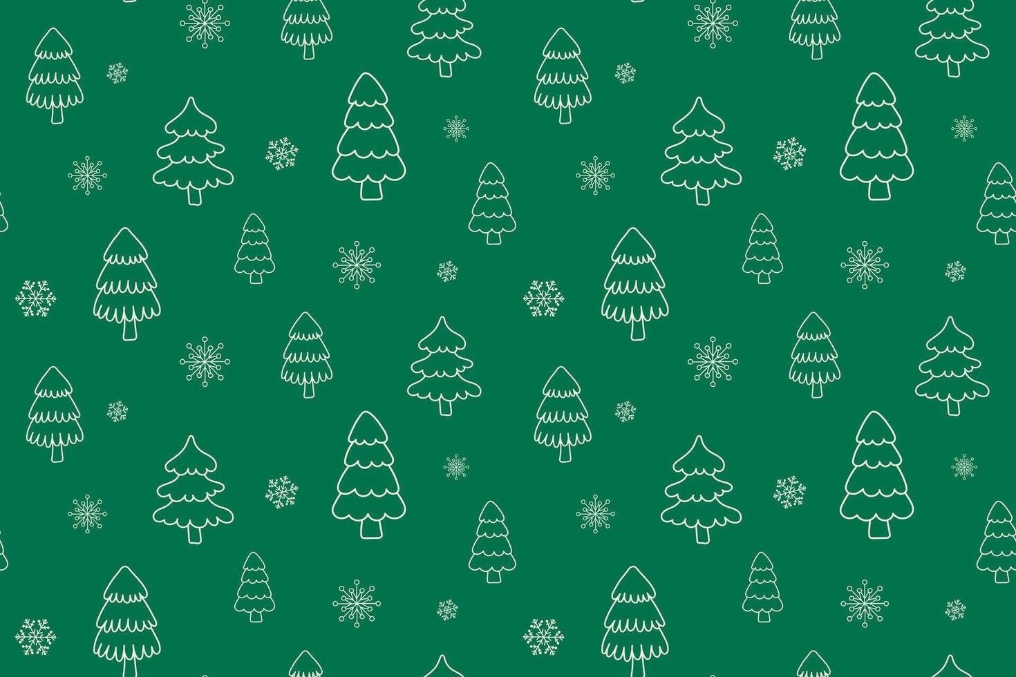 Christmas trees outline seamless pattern on green background. Thin line Christmas pattern with Christmas trees and snowflakes for packaging, textile, wrapping paper, greeting cards vector