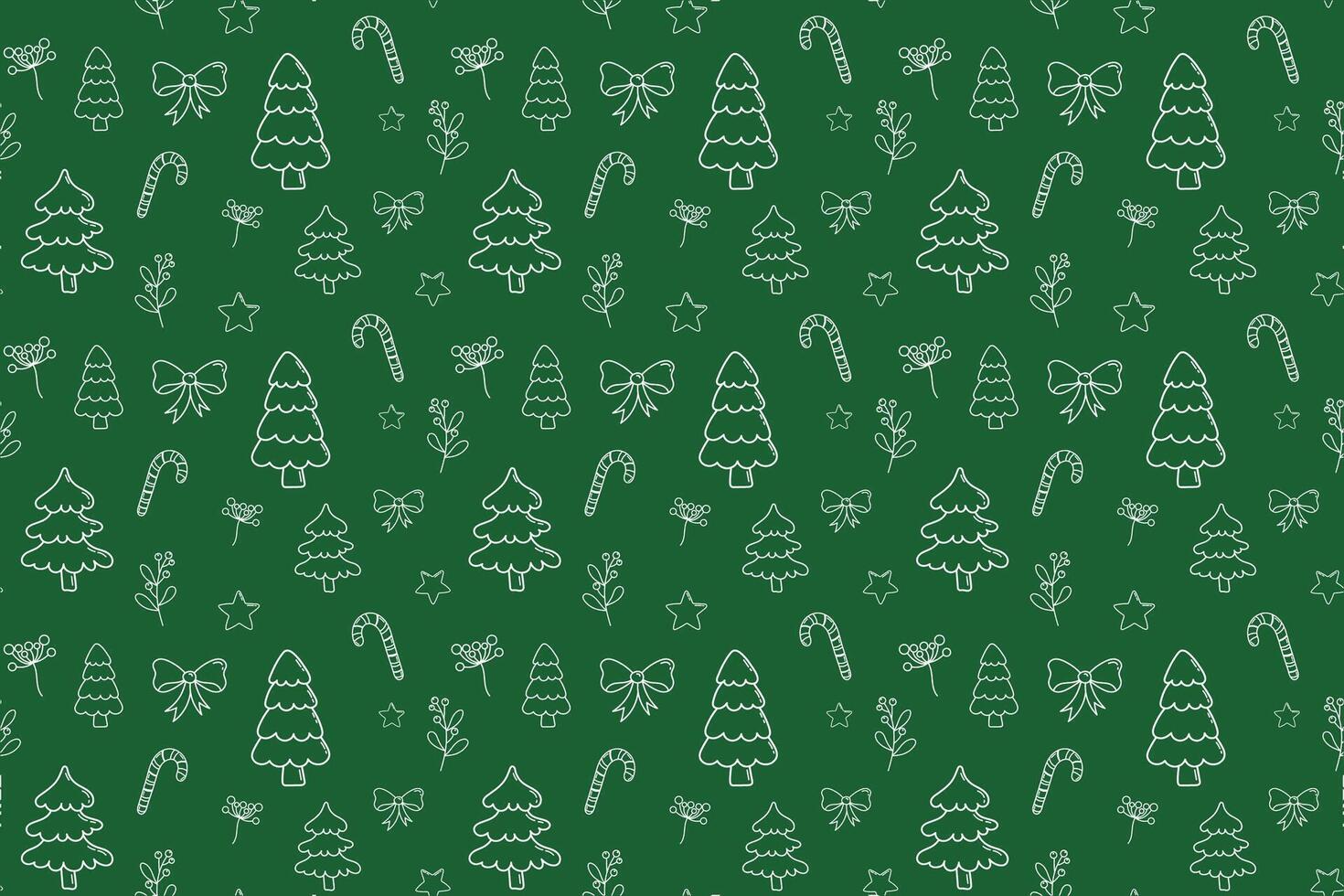 Merry Christmas seamless pattern with green xmas ornaments icons. Thin line Christmas pattern with Christmas trees and hand draw decorations on green background vector