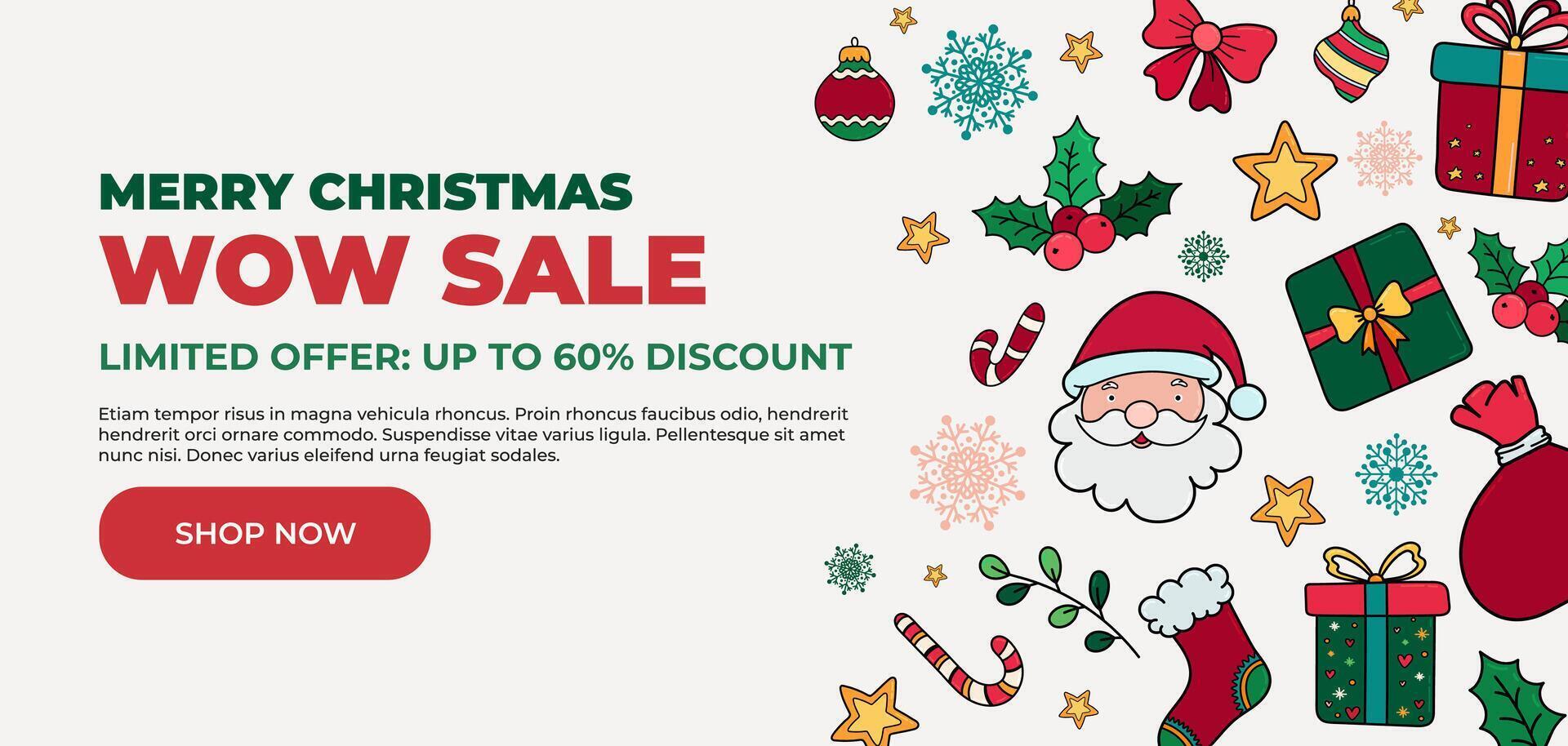 Christmas Wow Sale Banner on White background, with Santa Claus Head, Gift Boxes, Christmas Stockings and Festive Decorations vector