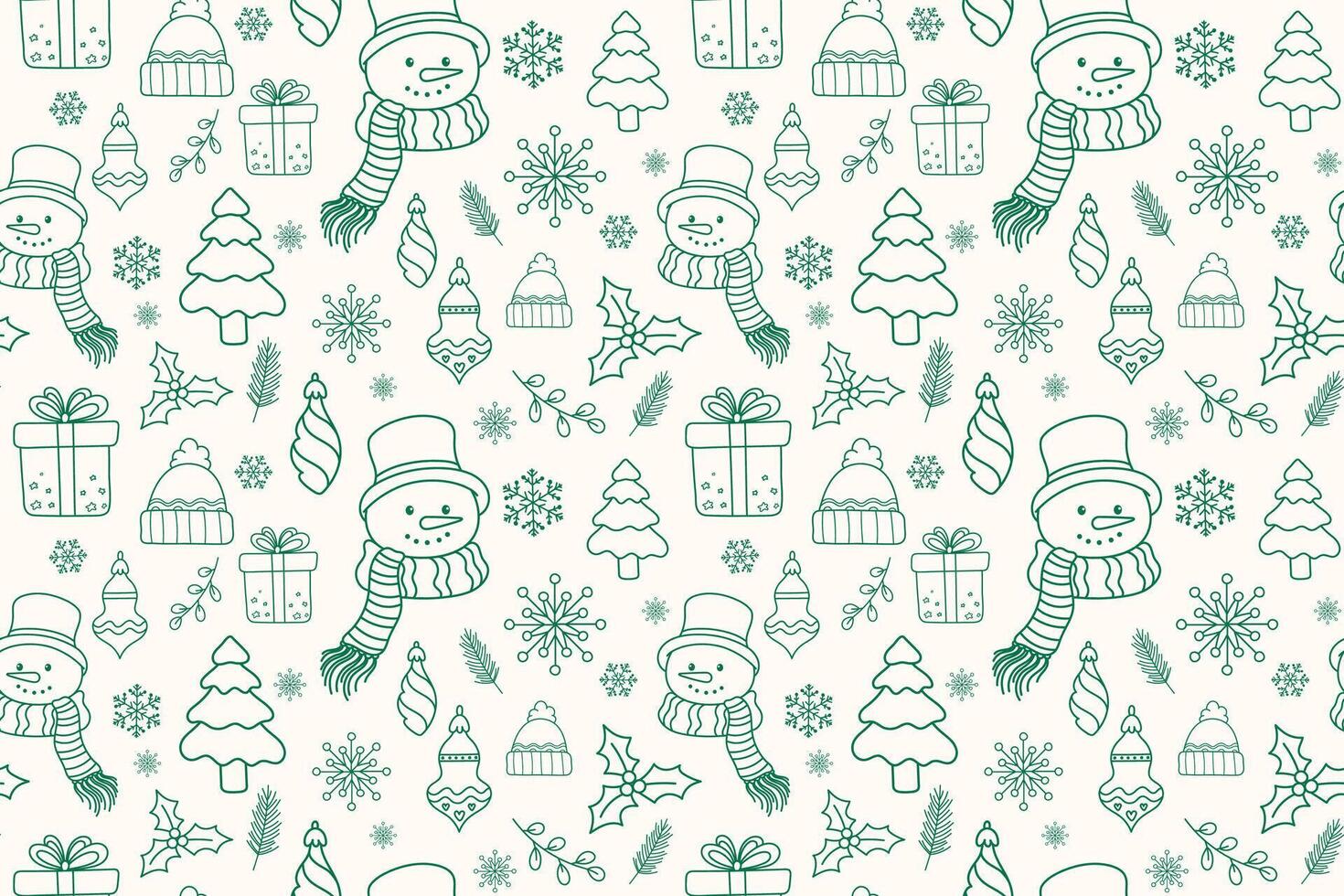 Merry Christmas line art seamless pattern with green xmas ornaments icons. Thin line Christmas pattern with Christmas tree, snowman and decorations on green background vector