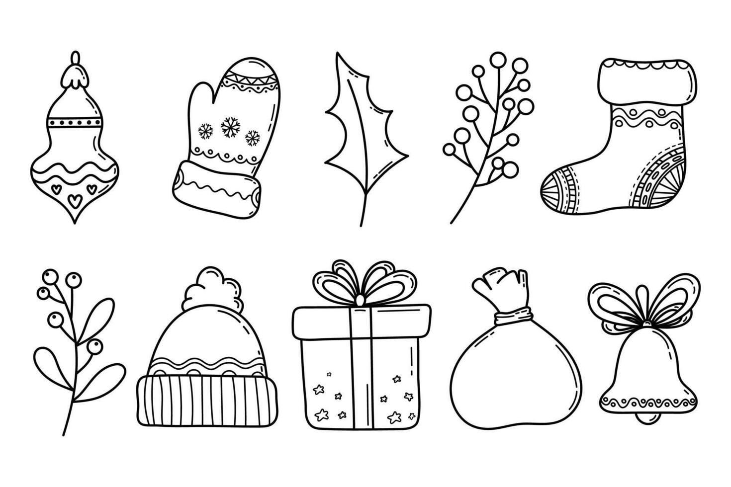 Christmas line art doodle elements set. Xmas hand draw outline ornaments set with Christmas stockings, mitten, bauble, holly, gift box, Santa bag, bell vector
