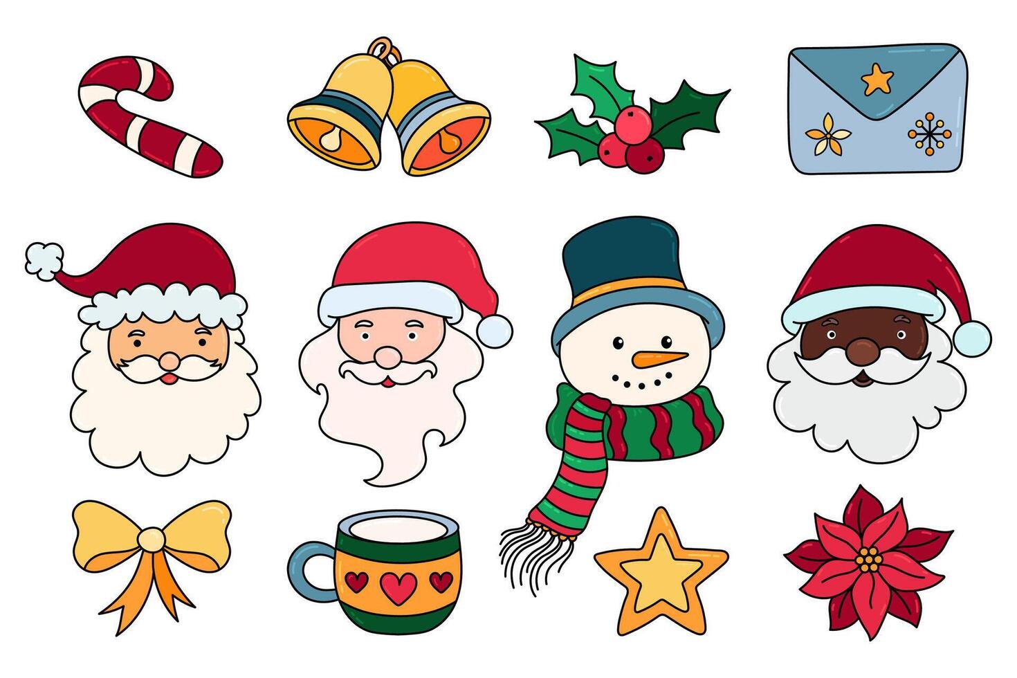 Christmas decorative elements set. Hand draw Christmas icons set with Santa Claus Head, Snowman, holy, poinsettia, bells vector