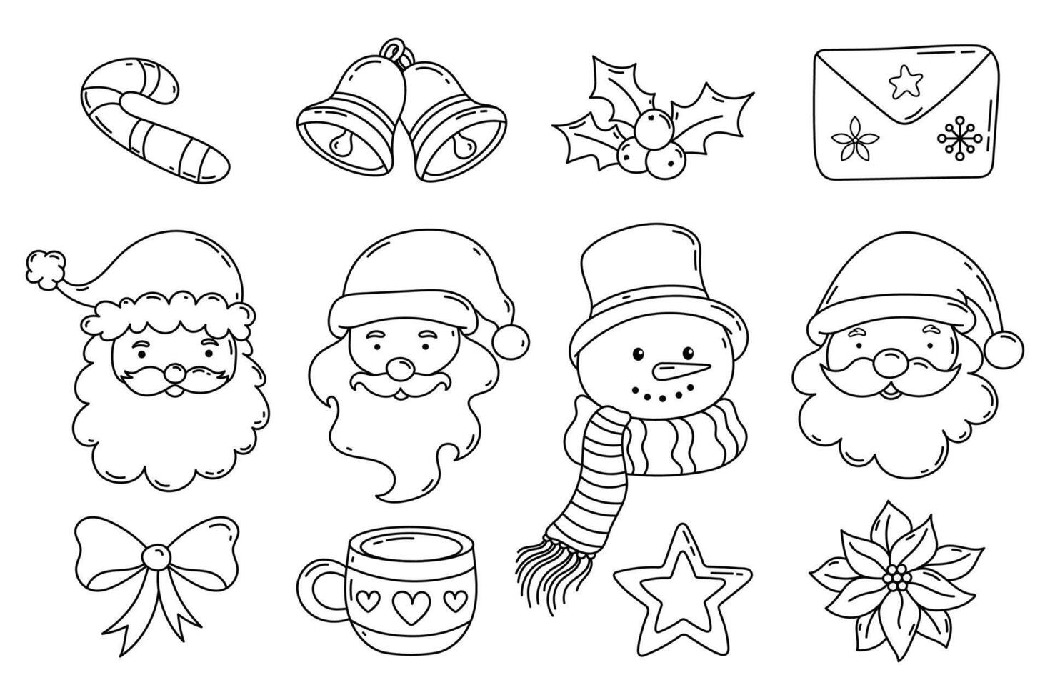 Christmas line art decorative elements set. Xmas hand draw outline ornaments set with Santa Claus head, snowman, holly, bow, bells, candy cane, poinsettia vector