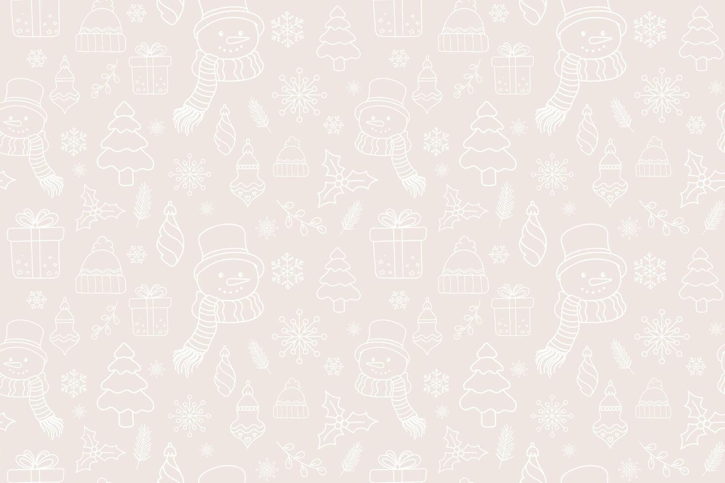 Merry Christmas and New Year line art seamless pattern with white xmas ornaments icons on beige background. White Christmas wrapping paper pattern vector