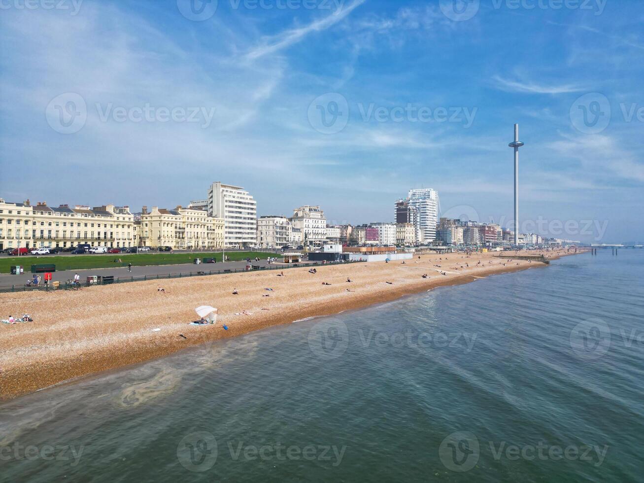 Most Beautiful Aerial View of British Beach and Ocean at Brighton and Hove City of England United Kingdom. High angle Most Wanted British Tourist Attraction Was Captured on May 9th, 2024 photo