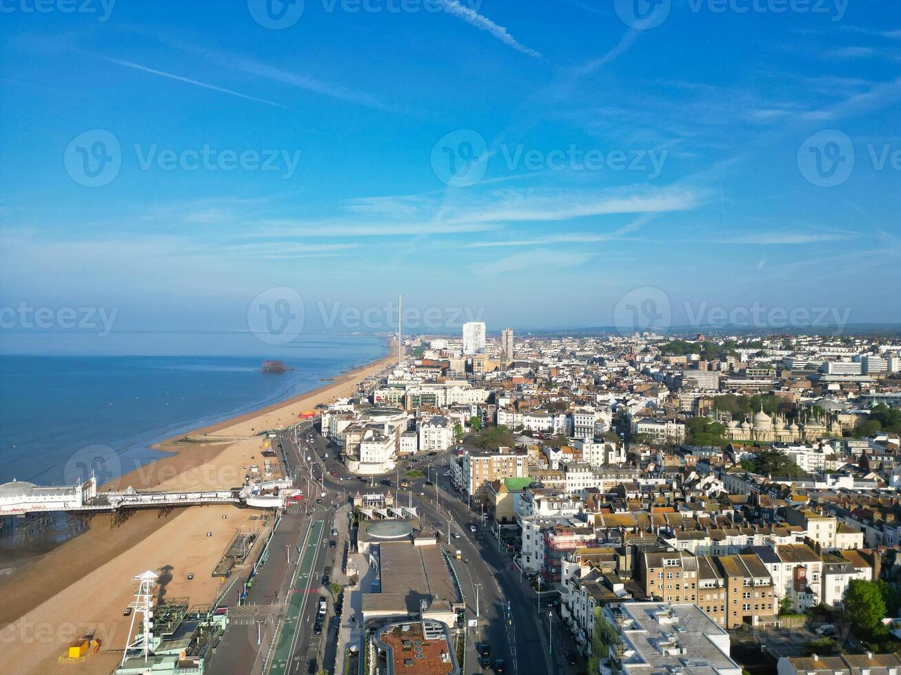 Most Beautiful Aerial View of British Beach and Ocean at Brighton and Hove City of England United Kingdom. High angle Most Wanted British Tourist Attraction Was Captured on May 9th, 2024 photo