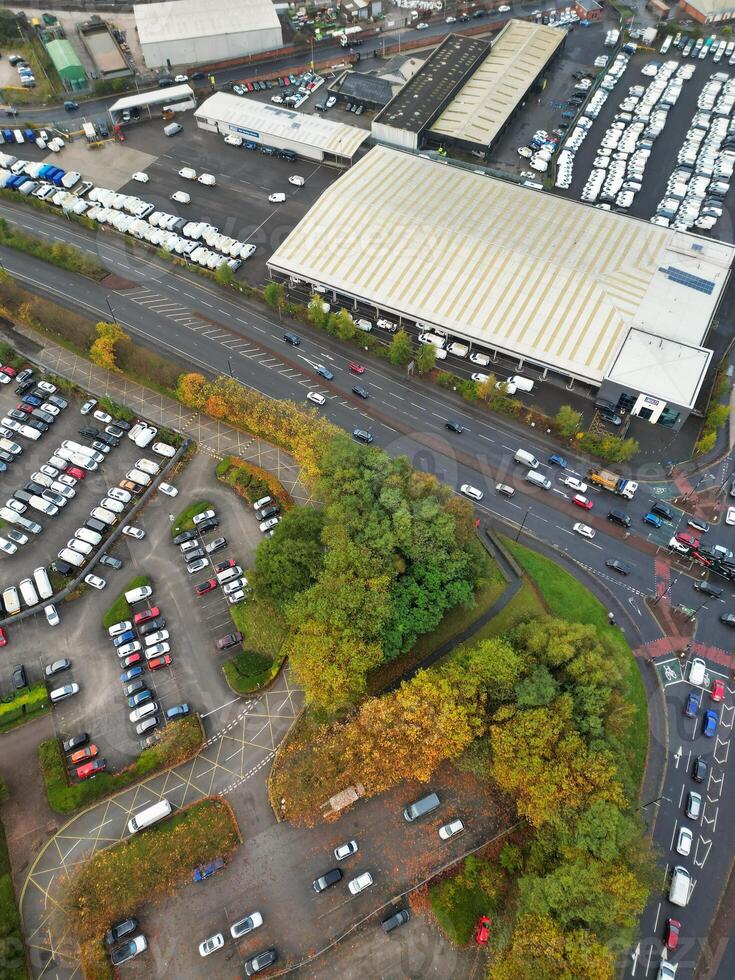 Aerial View of Manchester City During Autumn Season and Cloudy Day over England Great Britain. High Angle Drone's Camera Footage was Captured on October 29th, 2024 photo