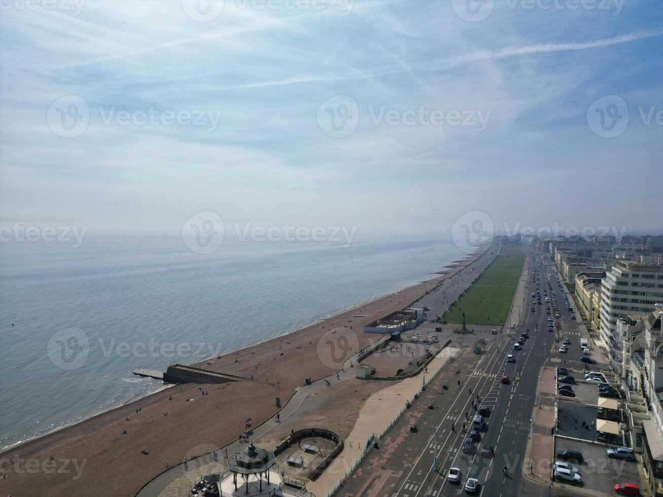 Most Beautiful Aerial View of British Beach and Ocean at Brighton and Hove City of England United Kingdom. High angle Most Wanted British Tourist Attraction Was Captured on May 9th, 2024 photo