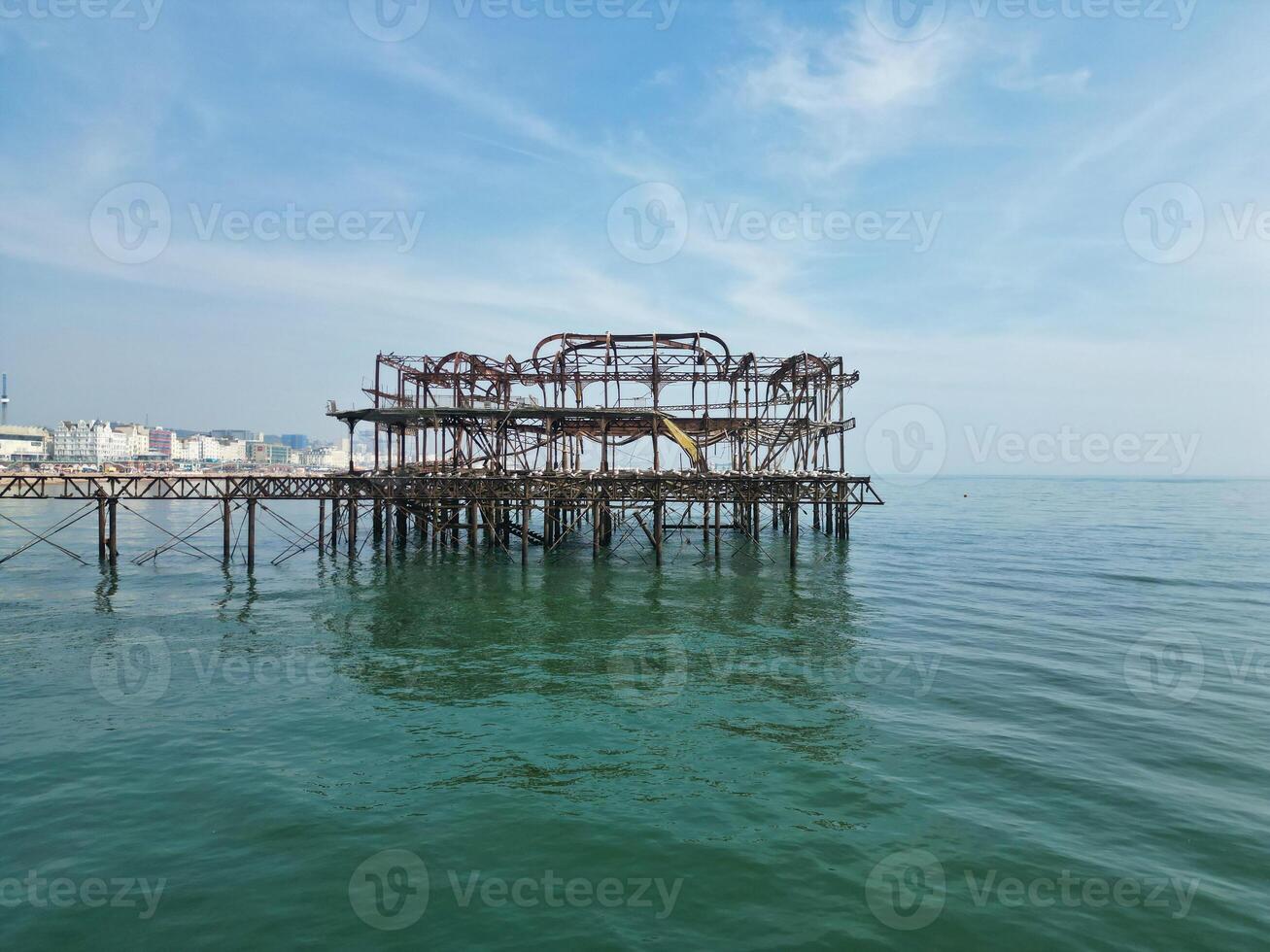 Most Beautiful Aerial View of British Beach and Ocean at Brighton and Hove City of England United Kingdom. High angle Most Wanted British Tourist Attraction Was Captured on May 9th, 2024 photo