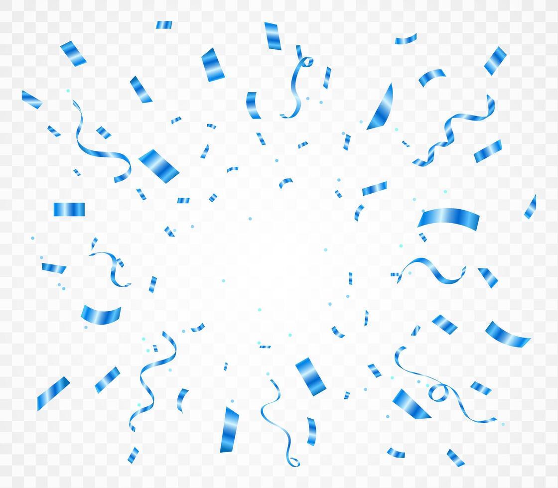 Confetti explosion on background. Shiny blue confetti isolated. Ribbons. Defocused elements. Party, birthday, Holiday banner template. vector
