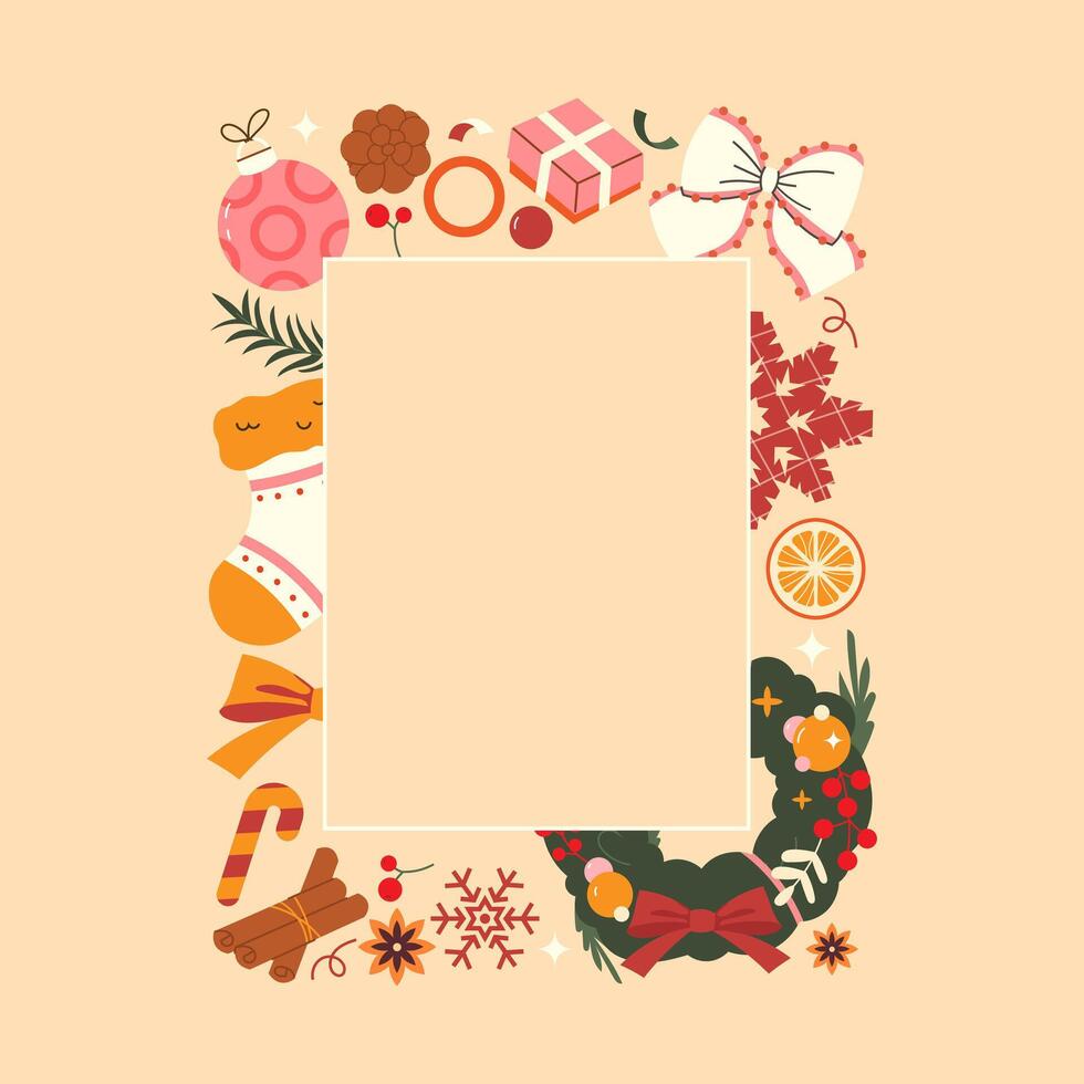 Christmas rectangular frame. Hand-drawn cute Christmas elements. Background, card, banner, poster vector
