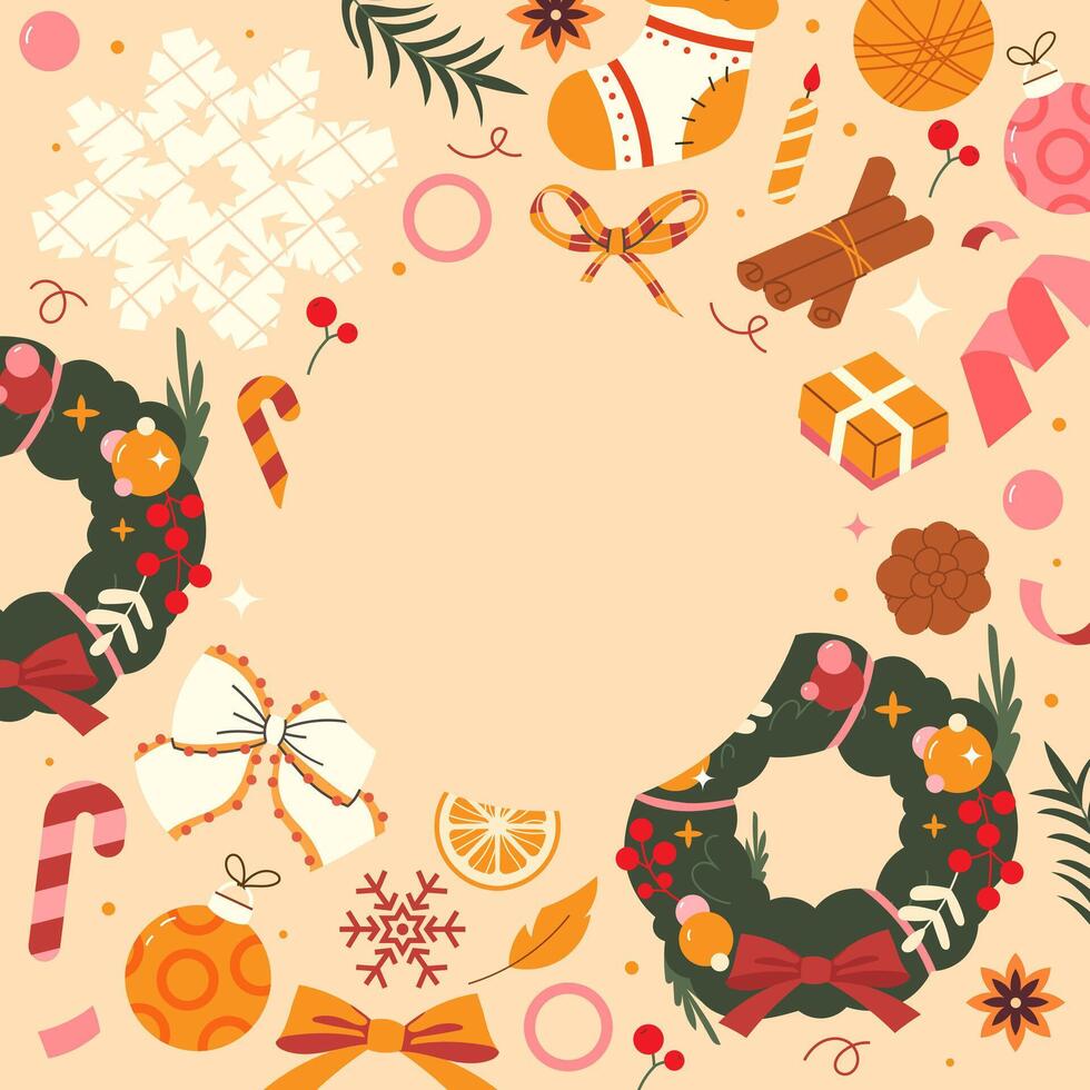 Merry Christmas and new year framed with hand drawn Christmas wreath, spruce branches, sock vector
