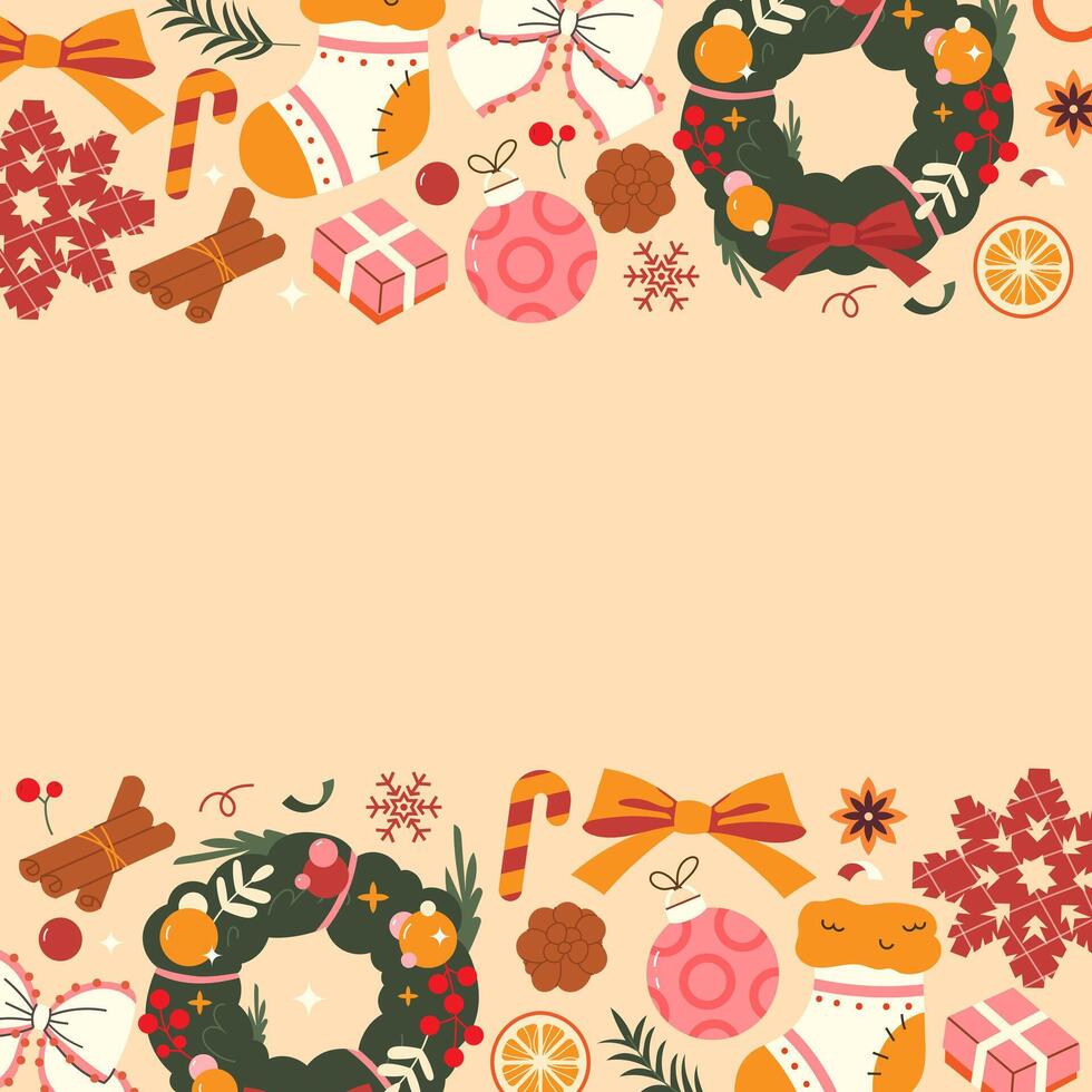 Christmas square banner. Christmas web banner with DIY wreath, Christmas sock and festive decorations vector