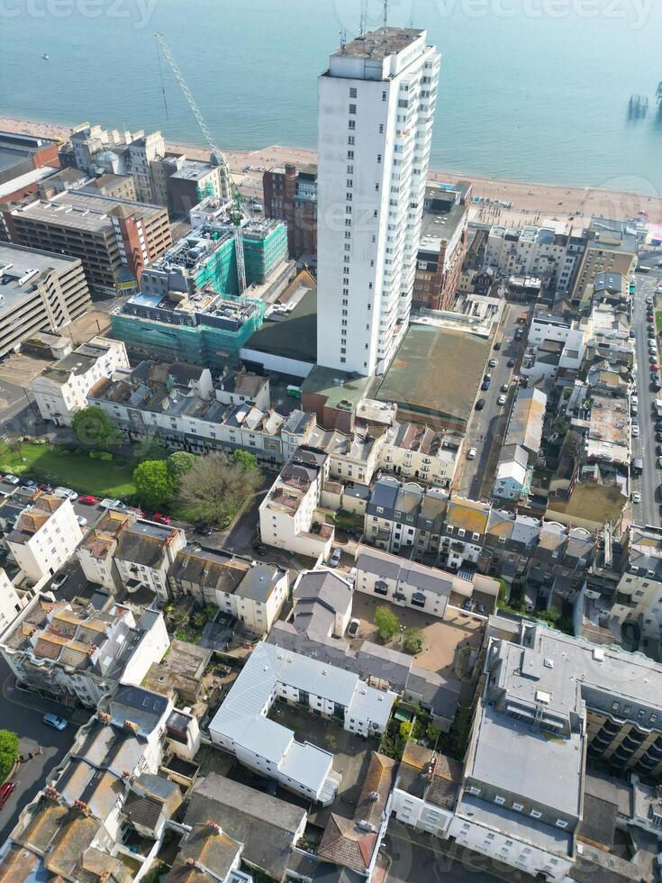 High Angle View of Most Beautiful and Attractive British Tourist Attraction of Brighton seaside resort and Beach City of East Sussex, England GB. Footage Captured with Drone's Camera on May 9th, 2024 photo