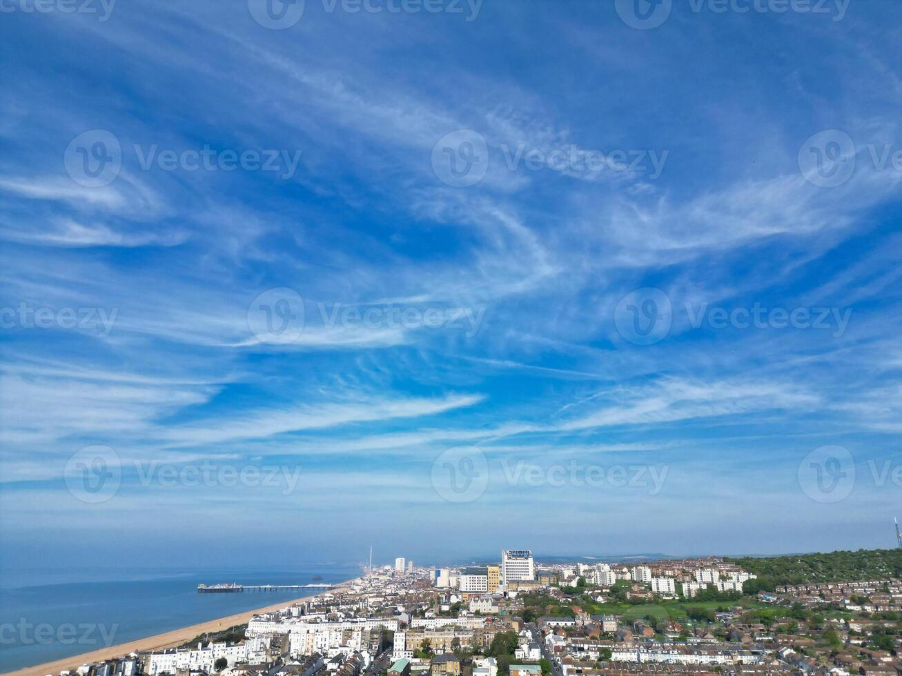 High Angle View of Most Beautiful and Attractive British Tourist Attraction of Brighton seaside resort and Beach City of East Sussex, England GB. Footage Captured with Drone's Camera on May 9th, 2024 photo