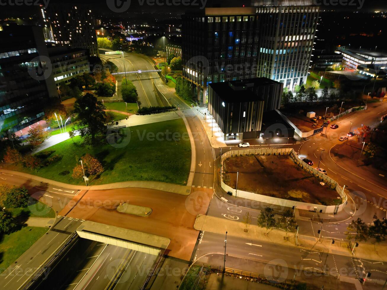 Aerial View of Illuminated Historical Central Coventry City Centre Downtown of England United Kingdom. Night view Captured on After Midnight with Drone's Camera on October 23rd, 2024 photo