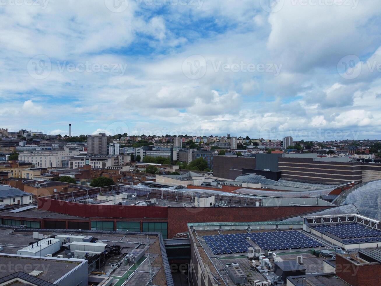 An Aerial View of Buildings at Central Bristol City of Southwest of England, United Kingdom. May 27th, 2024. The High Angle Footage Was Captured with Drone's Camera from High Altitude. photo