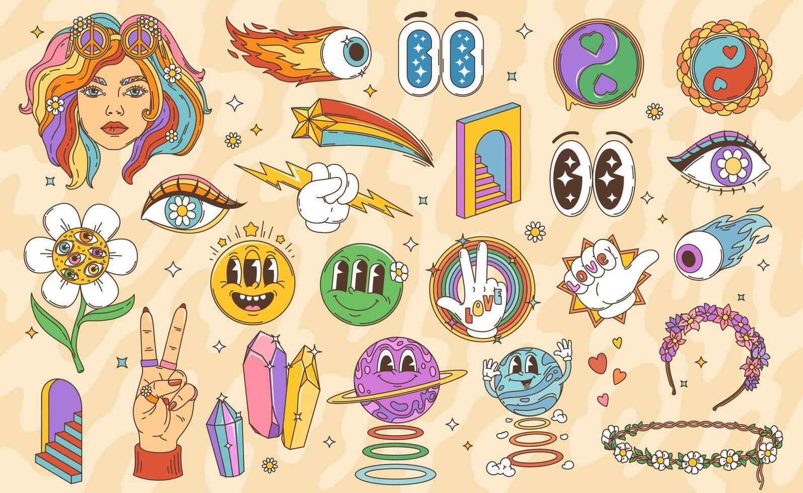 Cartoon retro groovy hippie characters and symbols vector