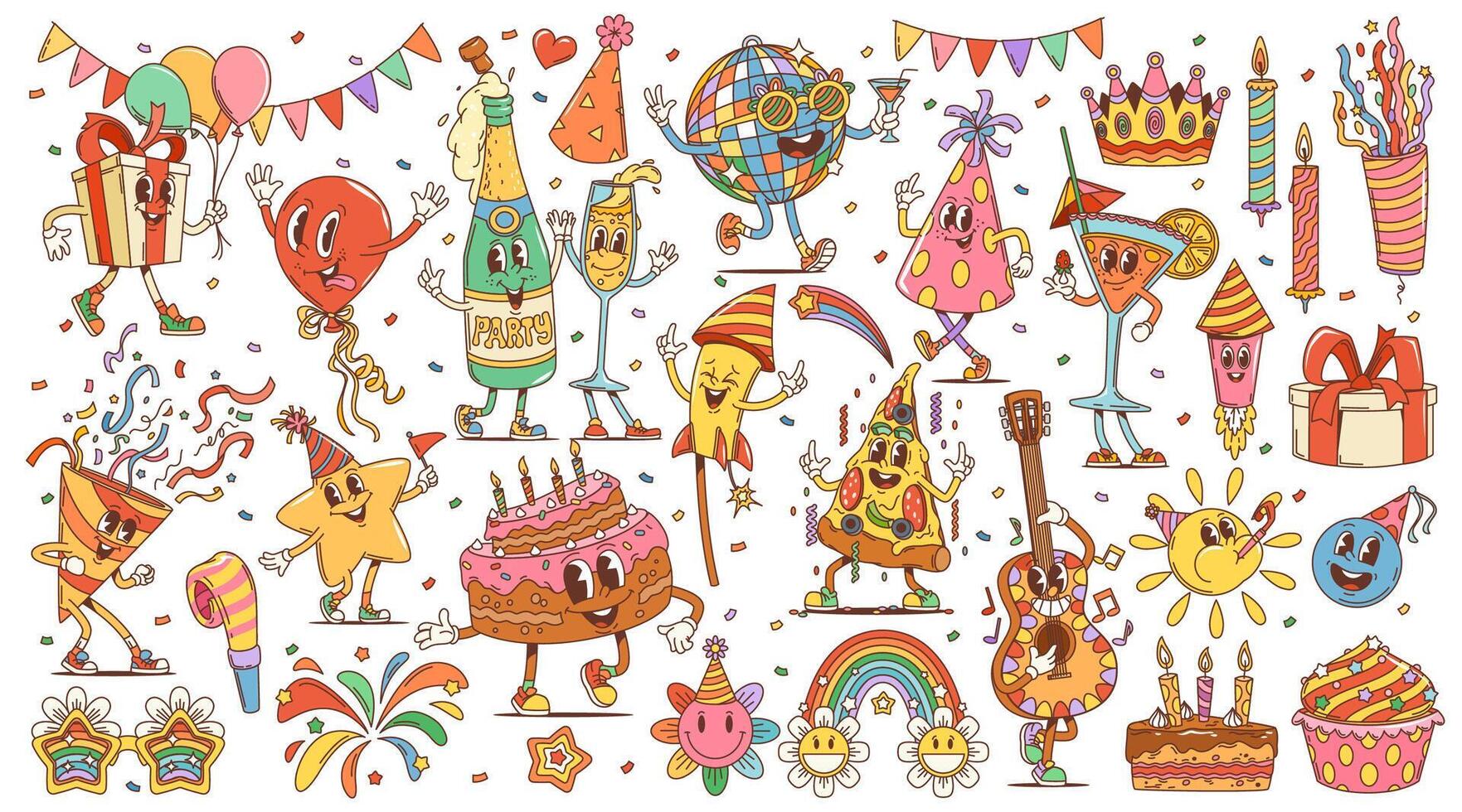 Retro cartoon groovy birthday party characters vector