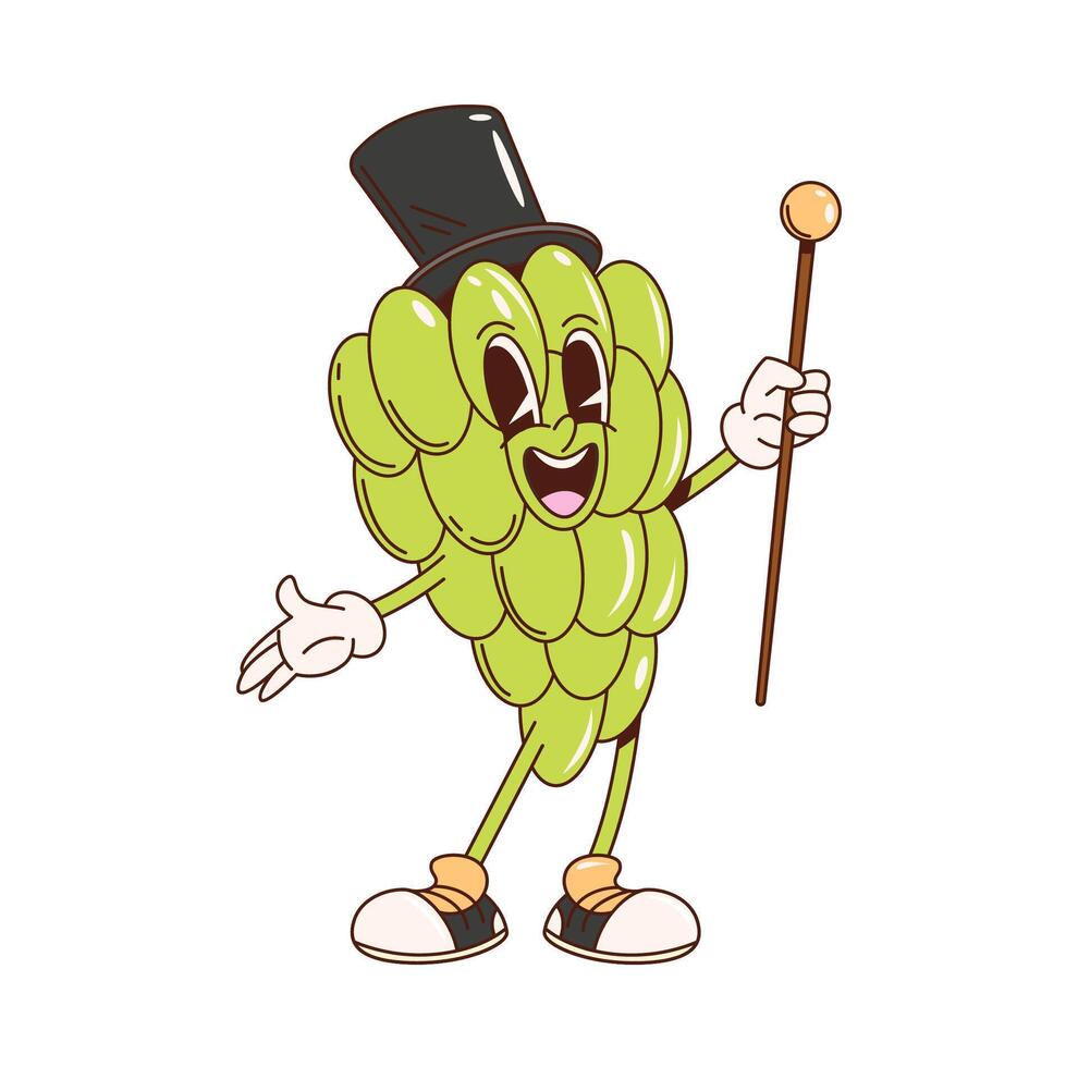 Retro groovy grapes gentleman berry character vector