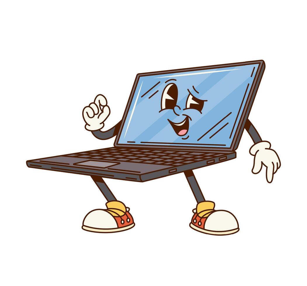 Groovy computer notebook laptop cartoon character vector