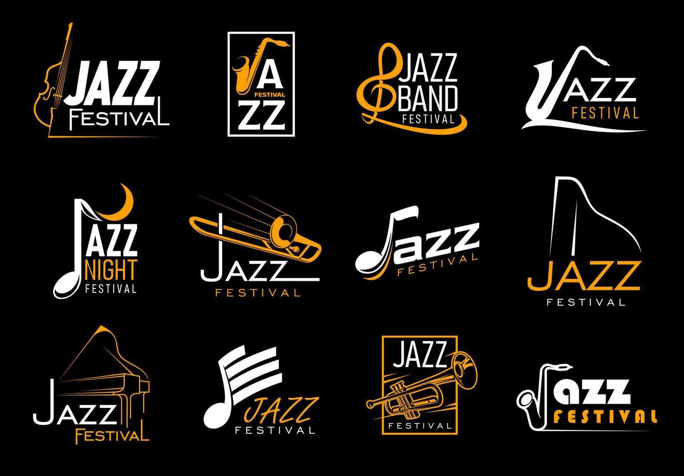 Jazz music icons, saxophone, trumpet instruments vector