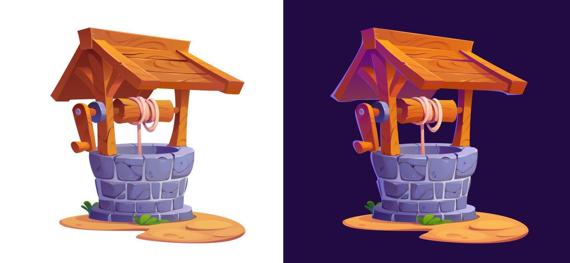 Cartoon stone water well with bucket, rope, pulley vector