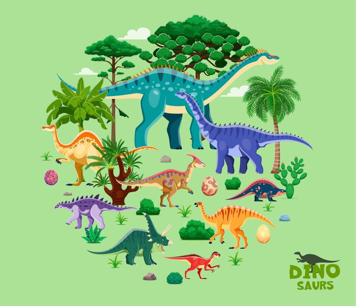 Cartoon prehistoric dinosaurs in a round shape vector