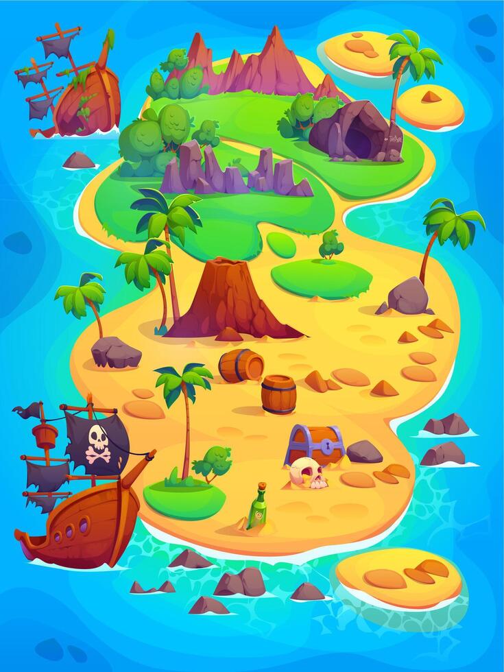 Cartoon pirate treasures island map for kids game vector
