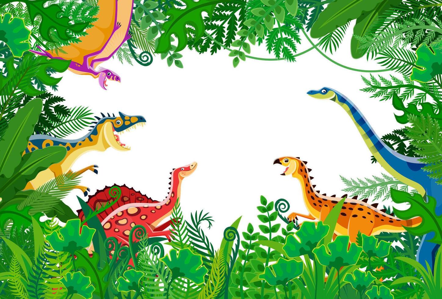Funny cartoon dinosaur in jungle forest frame vector