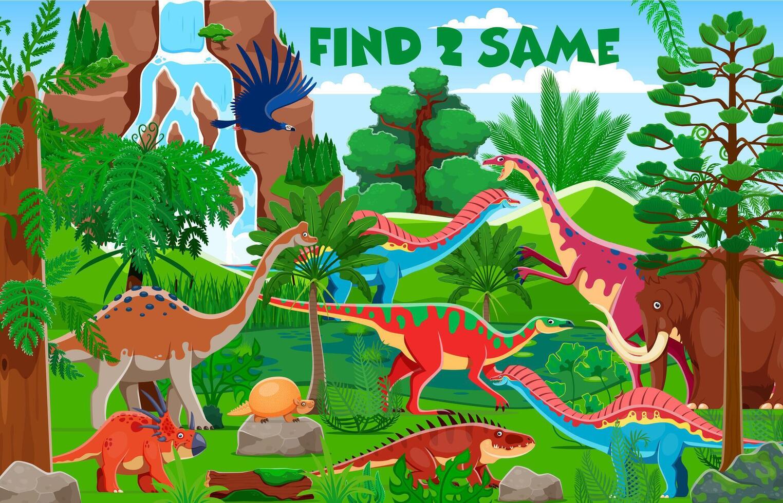 Find two same dinosaurs, kids game worksheet vector