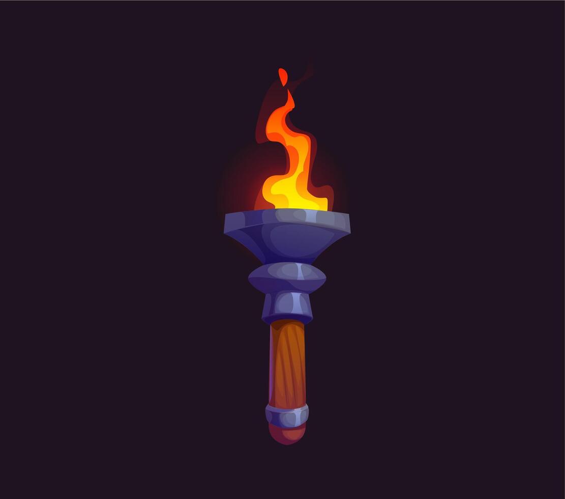 Game medieval fire torch, cartoon burning brand. vector