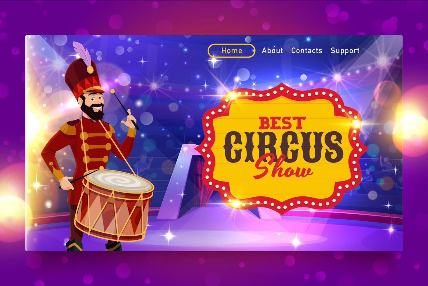 Circus landing page, carnival drummer character vector