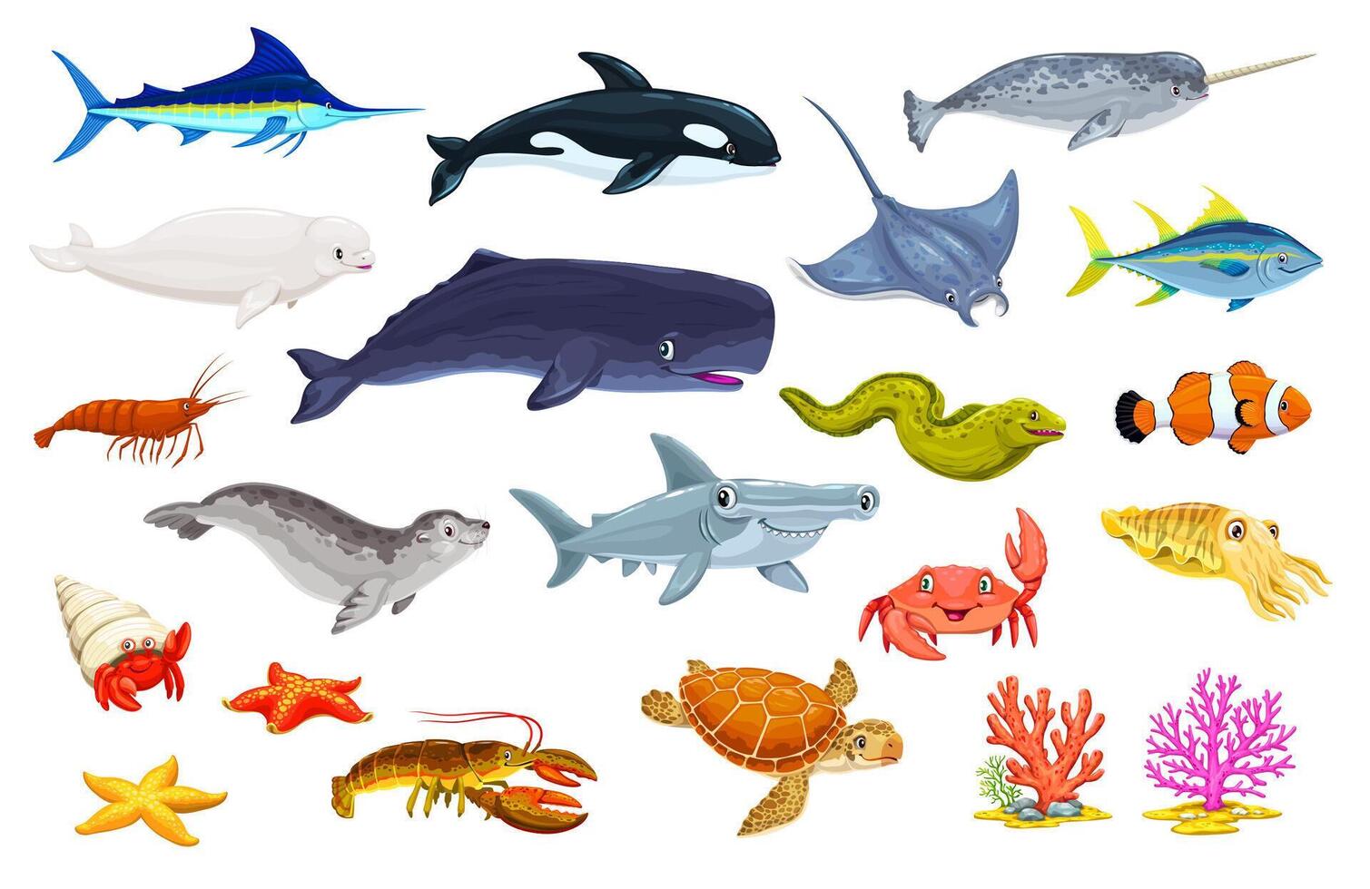 Cartoon underwater animal and fish characters vector